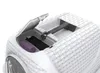 A close-up view of the top compartment of a white cat litter box, showing a purple cylindrical object and a black filter. Produktbild-Vorschau