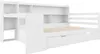 A white wooden daybed with a built-in desk and shelving unit. Produktbild-Vorschau