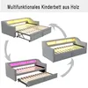 A collage showing a multifunctional wooden children's bed in different configurations and with different lighting effects. Voir les images du produit