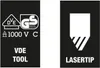 Two black panels with white text and icons. The left panel shows safety certifications and voltage rating. The right panel shows a tool tip icon and the text 'LASERTIP'. Podgląd zdjęcia produktu