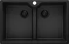 A top-down view of a black double basin kitchen sink with a faucet hole. Produktbild-Vorschau