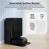 A robotic vacuum cleaner and its charging station are shown next to a wall, with a graphic overlay highlighting the dust bag's features. Produktbild-Vorschau