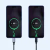 Two smartphones are shown side-by-side, both plugged into charging cables. The screens display charging status. Produktbild-Vorschau