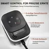 A close-up marketing image of a black and white steam cleaner with text overlays highlighting its features. Produktbild-Vorschau
