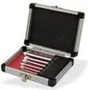 An open aluminum case containing a set of glass drill bits. Voir les images du produit
