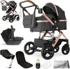 A collage of a baby stroller system and its components, including a bassinet, car seat, and accessories. Produktbild-Vorschau