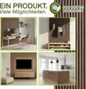 A collage of four images showcasing different applications of wood acoustic panels in interior design, including a home office, entryway, living room entertainment area, and kitchen island. Produktbild-Vorschau