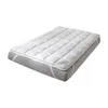 A white quilted mattress topper is placed on top of a gray mattress. The topper has elastic straps on the sides to secure it to the mattress. Produktbild-Vorschau