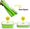 A hand is shown folding a green silicone food container, demonstrating its space-saving feature. Below, two images show the container in its unfolded and folded states. Náhled obrázku produktu
