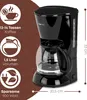 A black coffee maker is shown with marketing icons and text on the left side, and dimensions on the right. Náhľad obrázku produktu