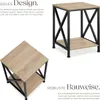 Two views of a wooden and black metal side table, with descriptive text about its design and construction. Náhled obrázku produktu