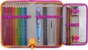 An open pencil case filled with colored pencils, pens, a ruler, and other stationery items. Náhľad obrázku produktu