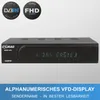 A black satellite receiver with a display showing channel information, set against a light gray background. There are two circular badges at the top left indicating DVB-S2 and 1080p FHD. Produktbild-Vorschau