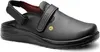 A black Elten clogs shoe with a strap and a red and black checkered lining is shown against a white background. Produktbild-Vorschau