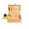 An open wooden storage box with various compartments and accessories, displayed against a white background. Produktbild-Vorschau