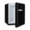 A black retro-style mini refrigerator with the door slightly open, set against a white background. Produktbild-Vorschau