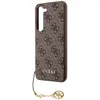 A brown Guess phone case with a repeating logo pattern and a gold charm attached to a string. Náhled obrázku produktu