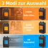 Collage showing three different modes of a heater with corresponding wattage and descriptions, set in different home environments. Produktbild-Vorschau