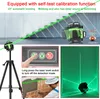 A collage of images showing a green laser level on a tripod, a close-up of the control panel, a person tiling a wall with the laser level guiding them, and a room illuminated by green laser lines. Produktbild-Vorschau