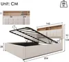 A diagram showing the dimensions of a bed frame with its storage compartment open. Produktbild-Vorschau