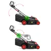 Two images of a black electric lawnmower with red wheels, shown from the side. The top image shows the handle in a higher position, and the bottom image shows the handle in a lower position, with dotted arrows indicating adjustment. Náhled obrázku produktu