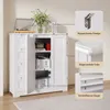 A white cabinet with its doors open, displaying storage compartments. Inset images highlight product features like anti-tip design, rounded corners, and adjustable shelves. Produktbild-Vorschau