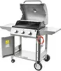 A stainless steel gas grill with its lid open, showing the cooking grates and a griddle. It has side shelves, control knobs, and a gas hose connected. Náhled obrázku produktu
