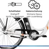 Close-up view of the rear wheel and drivetrain of a white and orange electric bicycle, with marketing text and icons above. Produktbild-Vorschau