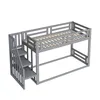 A gray wooden bunk bed with a safety staircase is shown against a white background. Produktbild-Vorschau