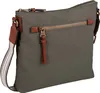 A close-up studio shot of a dark grey crossbody bag with brown leather accents and a striped strap.