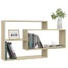 A modern, light brown wooden wall shelf unit displaying books and decorative items. Produktbild-Vorschau