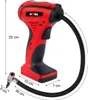 A red and black electric air pump with a black hose and nozzle, shown with measurement indicators. Produktbild-Vorschau