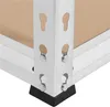 A close-up view of the corner of a metal shelving unit, showing the connection points and shelf material. Podgląd zdjęcia produktu