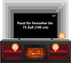 A TV stand with an electric fireplace and a television screen displaying text about its size compatibility. Voir les images du produit