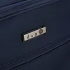 A close-up of a dark blue suitcase with a silver logo. Produktbild-Vorschau