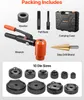 A flat lay image showing the contents of a VEVOR hydraulic knockout punch set, with labels for each component. Náhled obrázku produktu