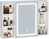 A white bathroom cabinet with a mirrored door and LED lighting, displaying various toiletries and accessories on its shelves. Voir les images du produit