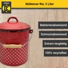 A red enamel trash can with white polka dots is shown on a wooden background, with text describing its features. Produktbild-Vorschau