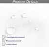 Close-up of a white textured fabric with water droplets on it, with text and checkmarks in the lower left corner. Produktbild-Vorschau