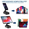 Collage showing a phone stand and a tablet stand with arrows pointing to groups of various smartphones and tablets, illustrating compatibility. Produktbild-Vorschau