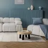 A modern living room scene with a white sofa, a wooden coffee table, and blue wall decor. Náhľad obrázku produktu