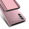 A rose gold colored phone case with a clear view flip cover is shown from a diagonal angle against a white background. Produktbild-Vorschau
