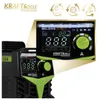 Close-up view of a welding machine's control panel with digital displays and a dial, set against a white background with marketing graphics. Produktbild-Vorschau