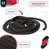 A coiled black fiberglass rope is shown on a blueprint-like background, with text overlays indicating product features and specifications. Podgląd zdjęcia produktu