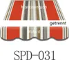 Two fabric samples of an awning with a striped pattern, one labeled 'Markisentuch' and the other 'Volant', with a product code below. Produktbild-Vorschau