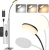 A modern black floor lamp with a circular LED light head, shown with its accessories and different light settings.