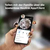 A hand holding a smartphone displaying a Reolink camera feed with multiple people's profile pictures around it. Produktbild-Vorschau