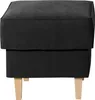 A black upholstered ottoman on four wooden legs.