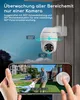 A security camera is shown mounted on a wooden wall, with text describing its features. A smartphone displays a live feed from the camera, showing a father and daughter playing in a yard. Náhled obrázku produktu