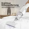 A white cordless vacuum cleaner is shown being used on a white bed. Decorative bottles and a glass are on a nightstand in the background. Produktbild-Vorschau